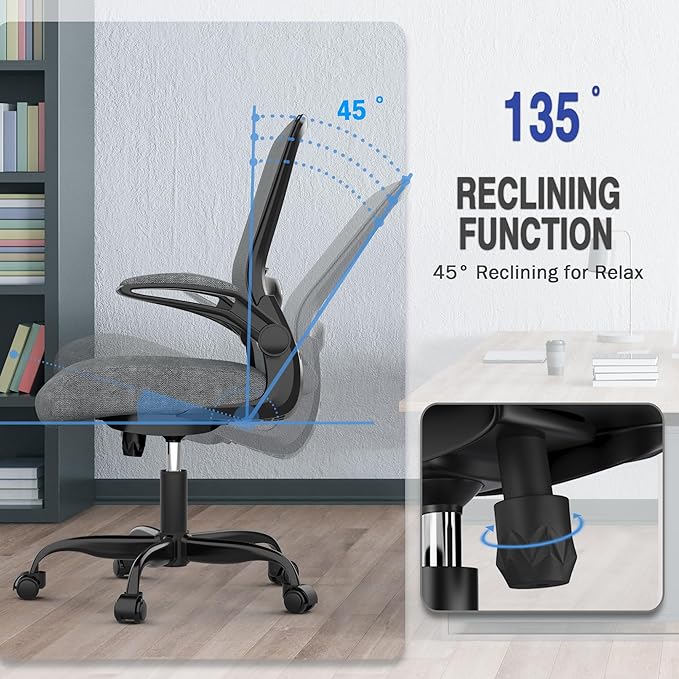 Mimoglad Ergonomic Office Chair - BIFMA Certified, Flip-up Armrests & 135° Recline, Adjustable Lumbar Support - Space-Saving Task Chair for Business/Team Office & Home (Iron Gray, 300lbs)