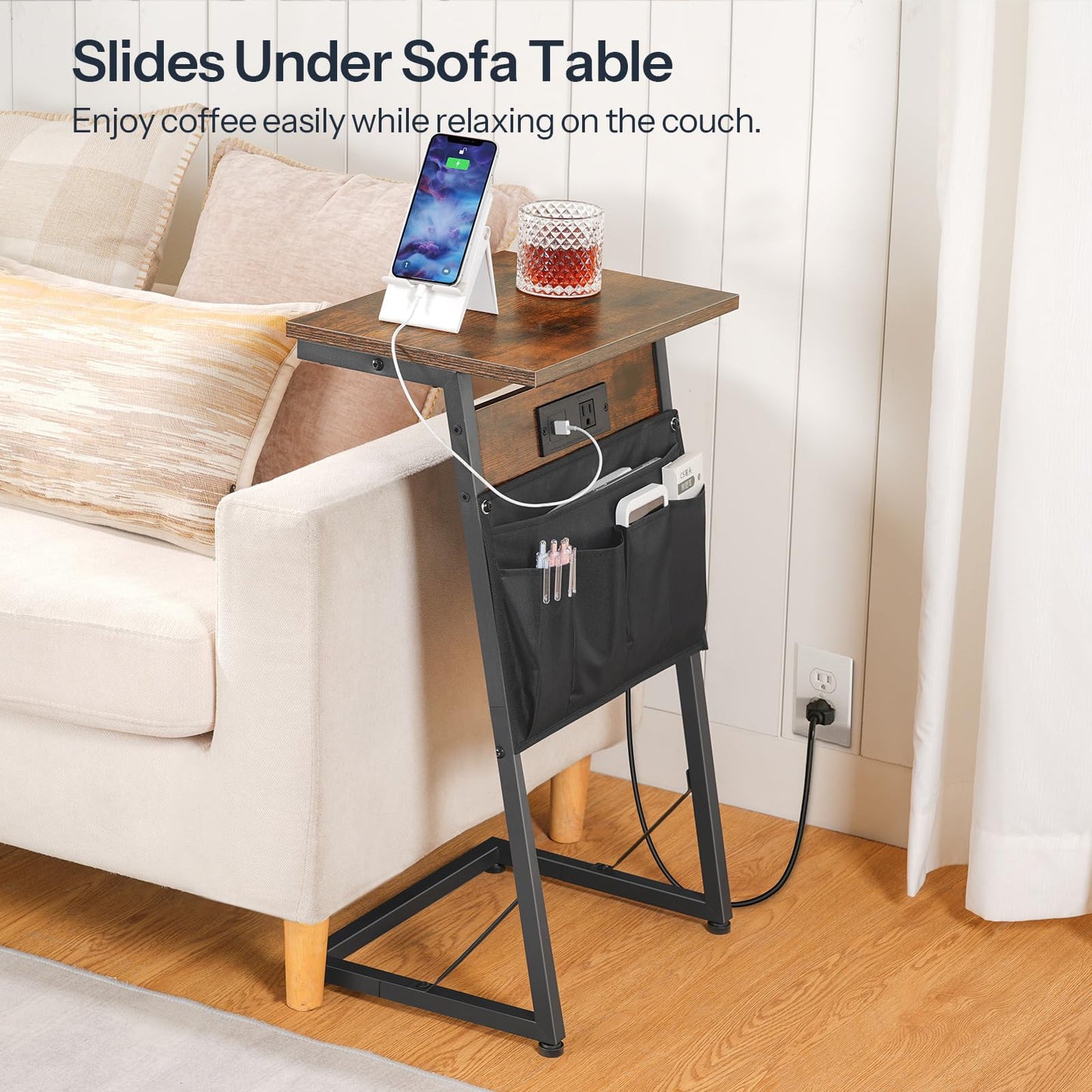HOOBRO C-Shaped End Table with Charging Station, Slide Under Couch Table with Storage, Small Sofa Arm Table Tray Side Table with Stable Metal Frame, for Living Room, Bedroom, Rustic Brown BF72USF01