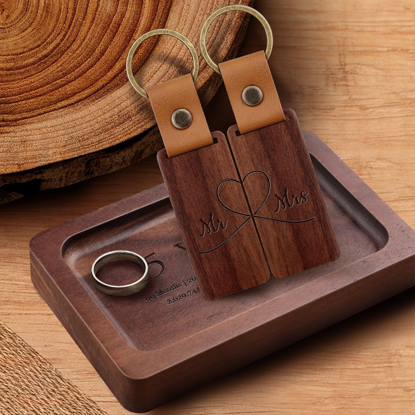MISTOD Wood Ring Dish & Keychain- Engraved Rectangle Ring Tray Small Jewelry Dish, 5th Marriage Anniv Gifts Set | 5 Year Wedding Anniv Valentine's Day Gifts Ideas