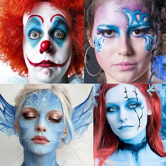 White Light Blue Face Body Paint 1.01oz/pc with 2 Sponges,Water Based Baby Blue Face Paint Kit for Corpse Bride Cosplay Sally Avatar Makeup,Halloween SFX Makeup Cream Face Painting,2.02 oz