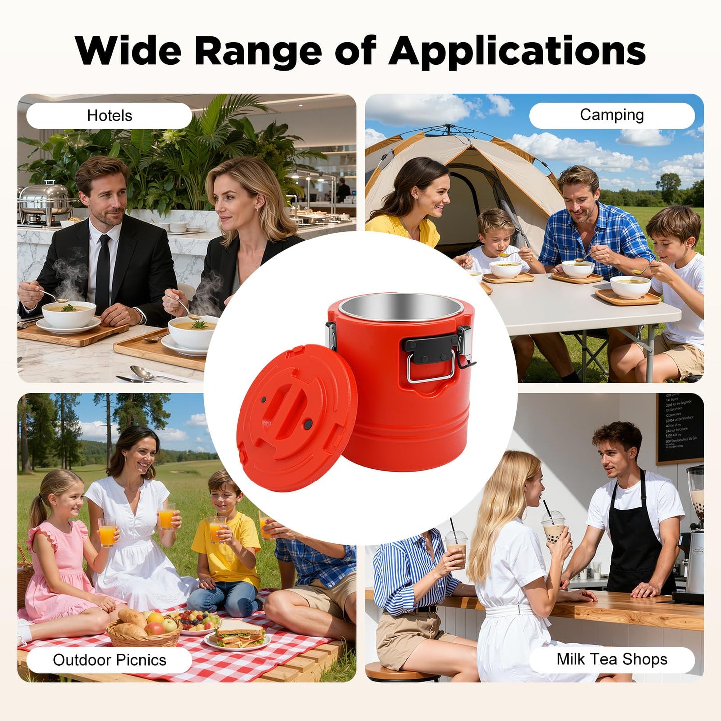 HIFMGHE 15.9QT Insulated Soup Container, 4 Gallon Commercial Food Warmer with Lid for Hot/Cold, Portable 6H Time Food Cooler Soup Carrier for Parties Camping Restaurant Events, Red