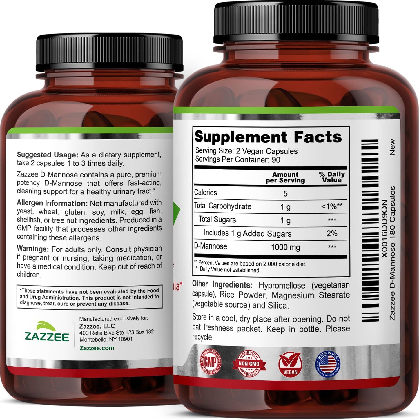 Zazzee D-Mannose, 1000 mg per Serving, 180 Vegan Capsules, 3 Month Supply, Potent & Fast-Acting, Certified Kosher, 100% Pure, All-Natural Urinary Tract Health Support, 100% Vegetarian, Non-GMO