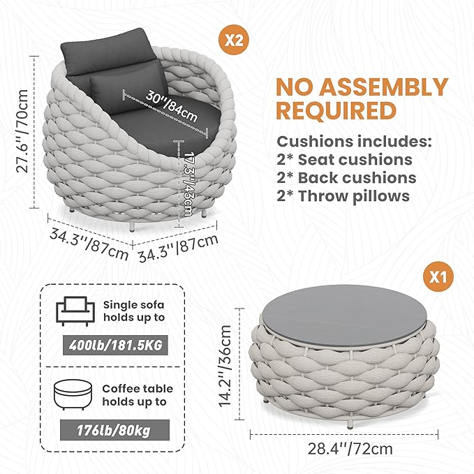 Erotr Front Porch Furniture Set 3 Piece: Aluminum Woven Rope Patio Conversation Sofa Set for 2 - Assembled Outdoor Deck Couch Armchair Set Cushions - for 400lb Balcony Pool Yard Bistro Hotel - Gray