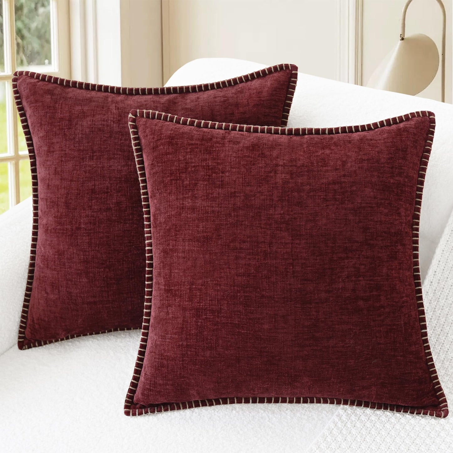CaliTime Throw Pillow Covers Decorative 18 X 18 Inches Pack of 2 Cotton Thread Stitching Edges Solid Dyed Soft Chenille Cushion Cases for Couch Sofa Bed Living Room Farmhouse Burgundy