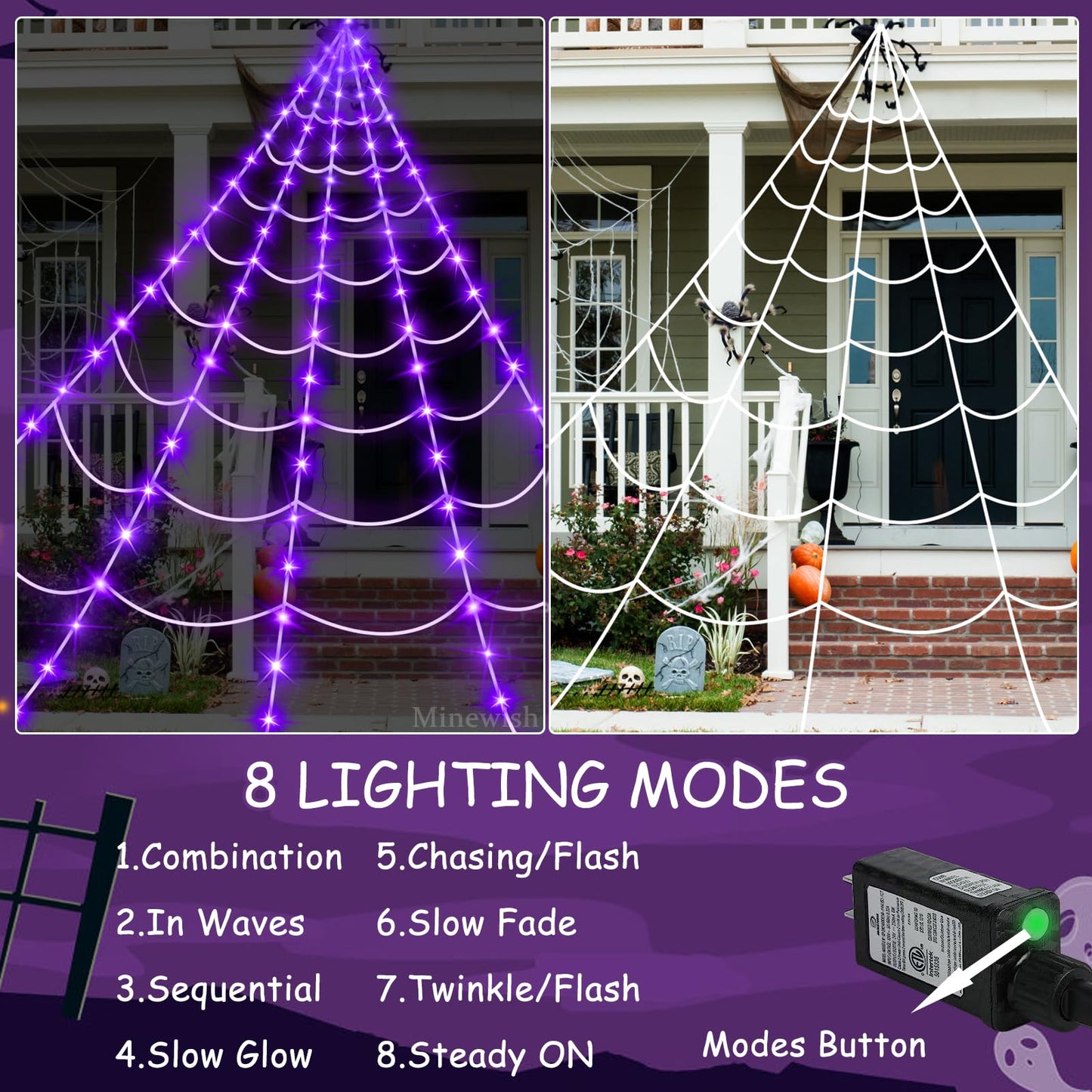 Spider Web Lights Halloween Decorations Outdoor, 135 Purple LED Light Up 16.4Ft Giant Spiderweb & 6.5Ft Large Spider & 22 Small Spiders & 20g Stretch Cobweb, 8 Modes Lighted Decor for Yard Outside