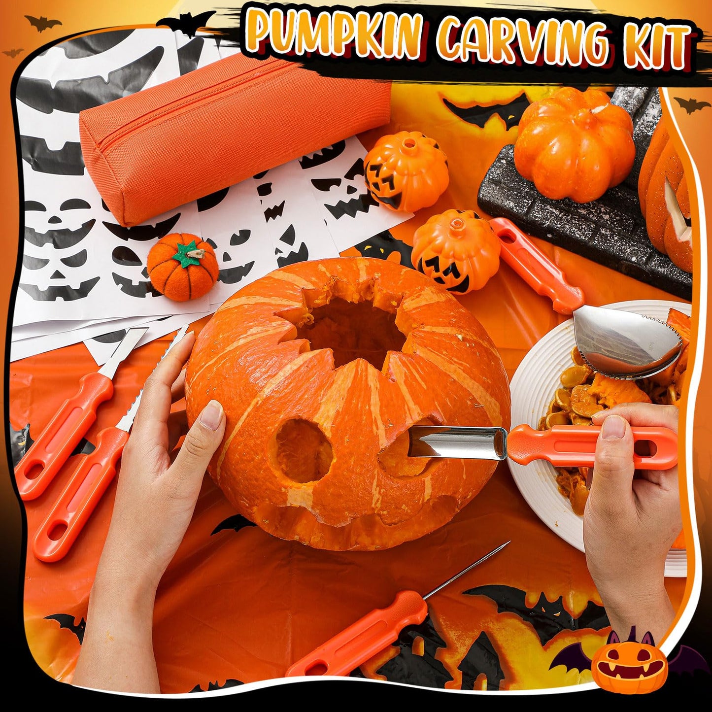 Tioncy 52 Pcs 6 Set Halloween Pumpkin Carving Kit Heavy Duty Stainless Steel Pumpkin Carving Tools with Storage Bag Tablecloth Stickers Tea Lights for Family Party Halloween Decor