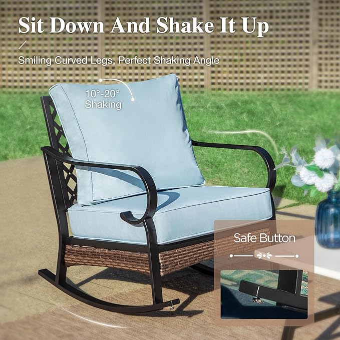 HERA'S HOUSE 4 Piece Metal Patio Furniture Set, All Weather Outdoor Conversation Set with 3 Seat Sofa, 2 Rocking Chairs & Coffee Table, Seats 5 for Backyard, Garden, Deck, Blue