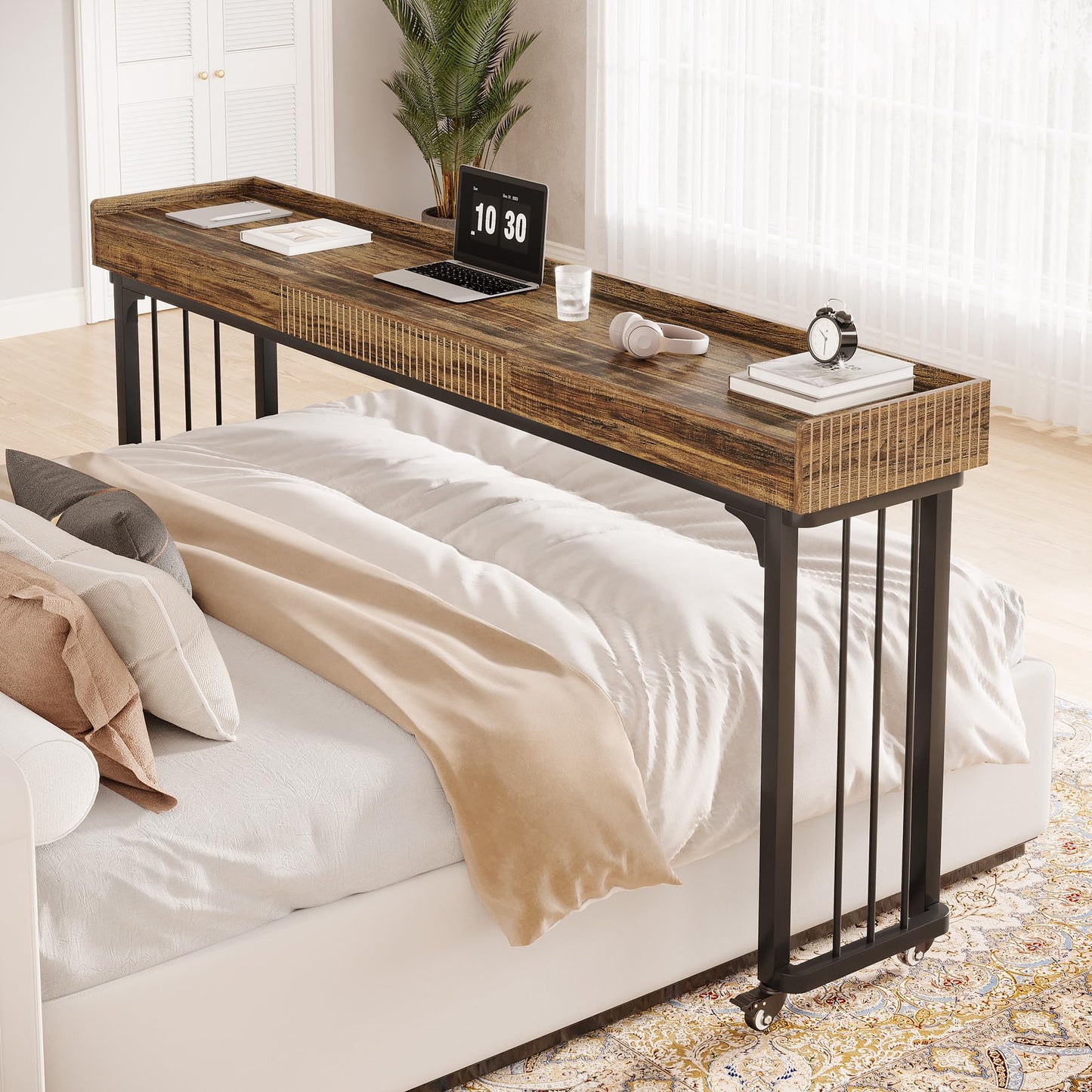 Tribesigns 78.8-Inch Large Over Bed Table with Wheels, Mobile Computer Desk Makeup Vanity Desk with Storage, Standing Laptop Cart, Overbed Makeup Table for Bedroom, Brown