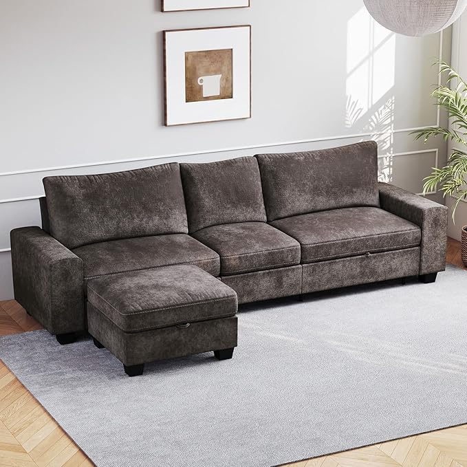 Couchus 112“ Convertible Storage Sectional Sofa,L Shaped Couch with Storage Ottoman,Multi-Functional Reversible Sofa with Huge Storage Space, Breathable Fabric(Dark Grey)
