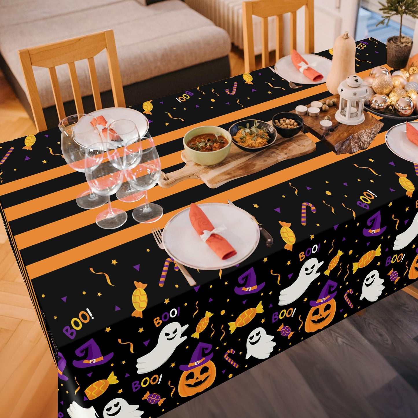 Kelool 2 Pack Halloween Tablecloth 54 x 108 Inch,Plastic Table Cloth Rectangle Disposable,Ghost Black Tablecloths Halloween Decorations,Pumpkin Witch Hat Table Cover for Indoor Outdoor Party Decor