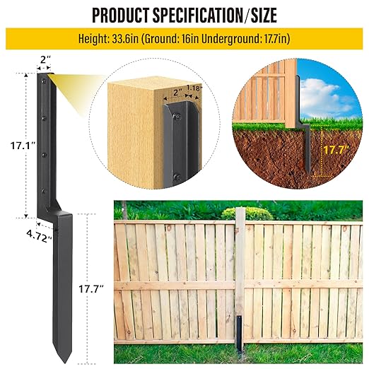 Epcee Heavy Duty Steel Fence Post Repair Stakes, Fence Post Anchor Ground Spike, for Repair Tilted/Broken Wood Fence Post (4 Pack/Black