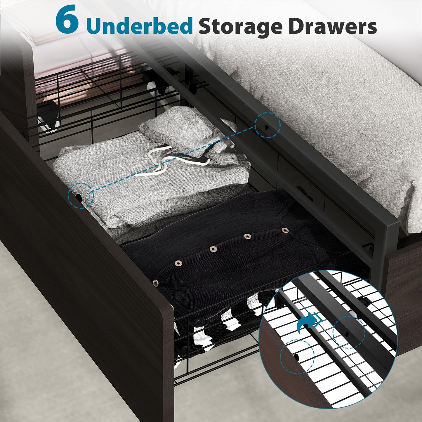 Kiivakii Full Size Bed Frame with Headboard, LED Platform Bed with 6 Storage Drawers, Built in Charging Station, Noise-Free, Metal Support Base, No Box Spring Needed, Black