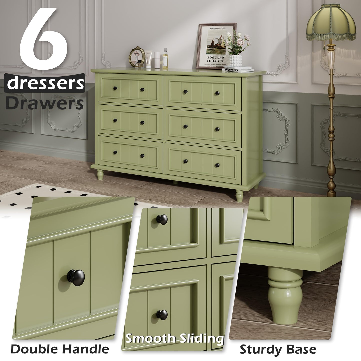 Scurrty 6 Drawer Dresser, Antique Chest of Drawers, Large Cabinet with Storage, Big Dresser for Clothes in Living Room, Bedroom (Black)