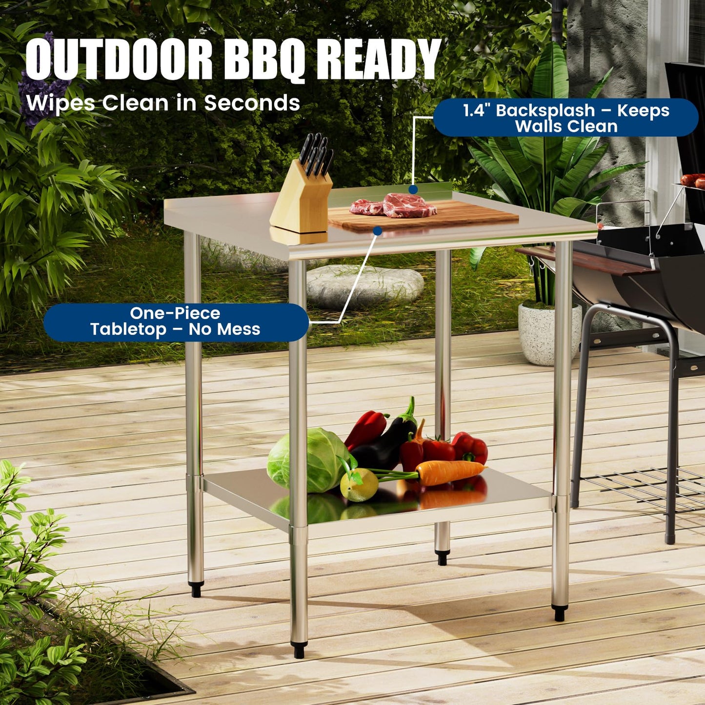 Chingoo Stainless Steel Work Table 30x30 Inch with Adjustable Undershelf & Backsplash, Heavy-Duty Prep Table for Commercial Kitchen, Restaurant, Garage, Outdoor