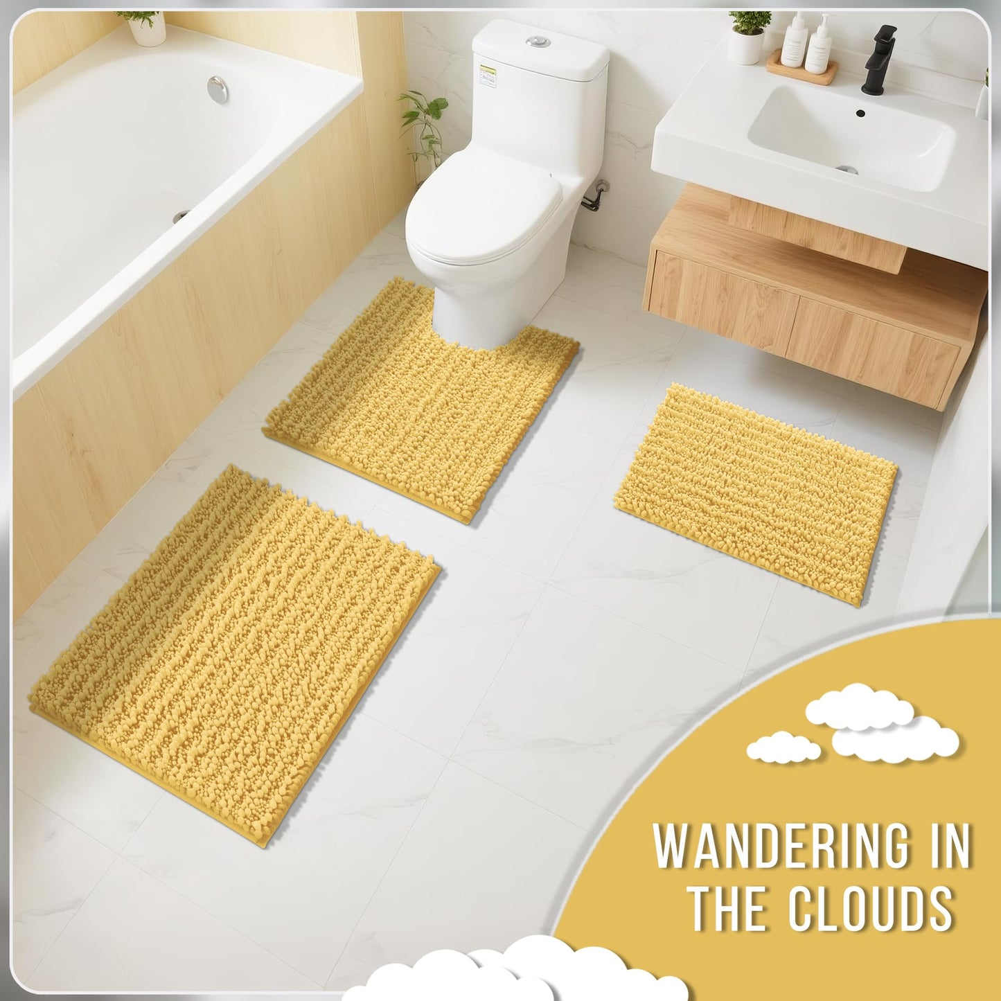 Yimobra Bathroom Rugs Non Slip Washable 24x17 Inch - Ultra Soft Absorbent Chenille Bath Mat, Quick Dry Shaggy Floor Carpet for Tub Shower, Yellow Home Decor Accessories