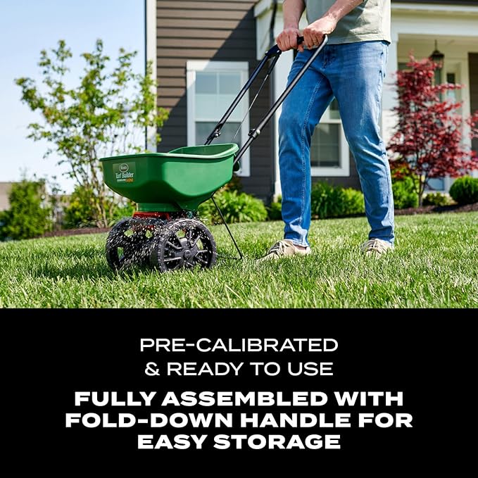 Scotts Turf Builder EdgeGuard Mini Broadcast Spreader for Seed, Weed and Feed, Fertilizer, Salt, Ice Melt, Push Spreader Holds up to 5,000 sq.ft. Product