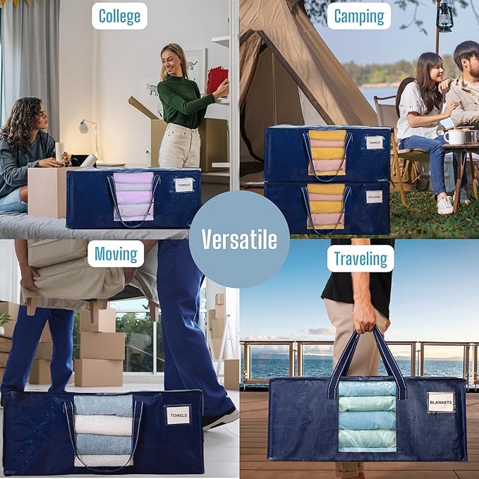 VENO 8 Pack Moving Bags Extra Large Storage Bags for College Move-In, Heavy-Duty Storage Totes, Packing Boxes, and Wardrobe Moving Supplies - Durable Laundry Bags for Clothes (Blue w/Window, 8 Pack)