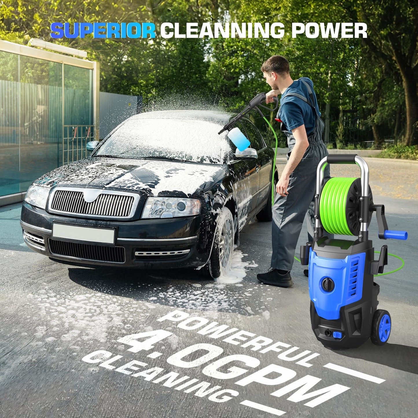 Pressure Cleaner 4800PSI, 4.0GPM Portable Power Cleaner with Foam Cannon,4 Nozzles,33FT Hose and Soap Bottle,Car Wash Machine/Car/Driveway/Patio Clean,Green