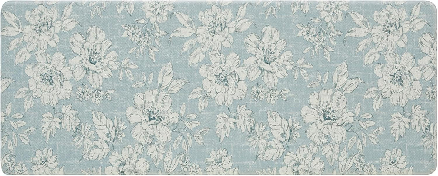 Laura Ashley - Anti-Fatigue Kitchen Mat, Iris Floral Design, Stain, Water & Fade Resistant, Cooking & Standing Relief, Non-Slip Backing, Measures 17.5" x 60", Light Blue