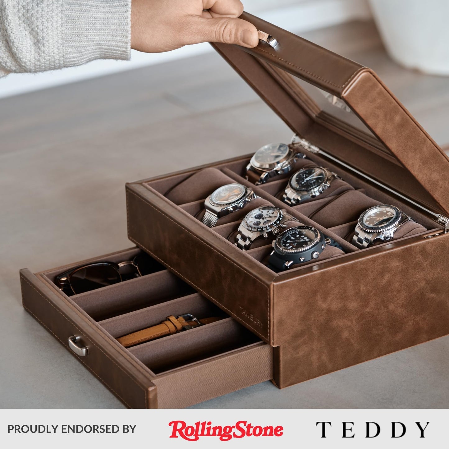TAWBURY 8 Slot Watch Box with Storage Drawer – Premium Watch Storage Case for Men | 2.2-inch Wide Pillows Hold Small & Ovesized Watches (Brown)