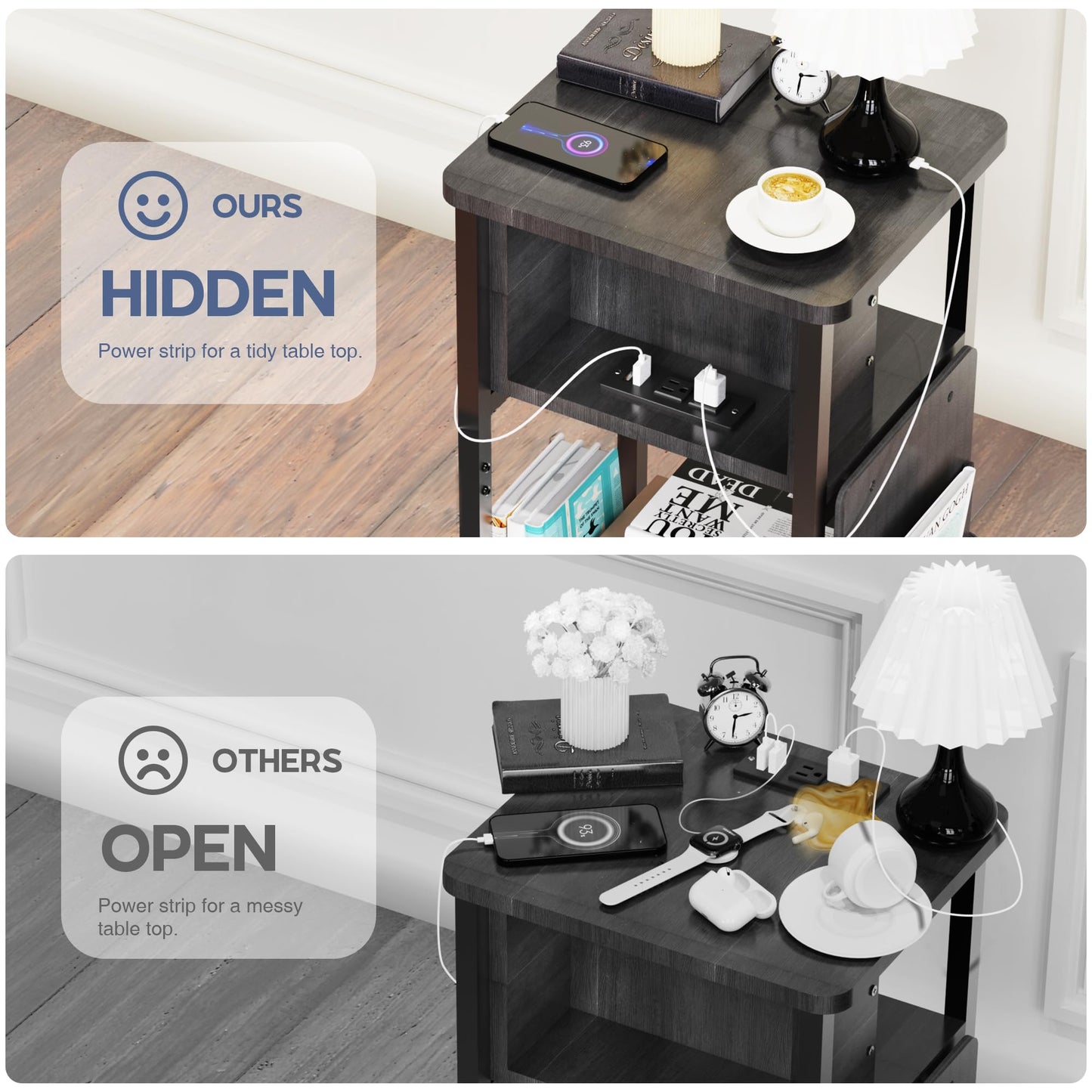 Merapi Small End Table with Charger, Side Table on Wheels, Mobile Nightstand with USB Ports, Black Sofa Side Table with Storage for Small Spaces, Living Room, Bedroom, Study, Home Office