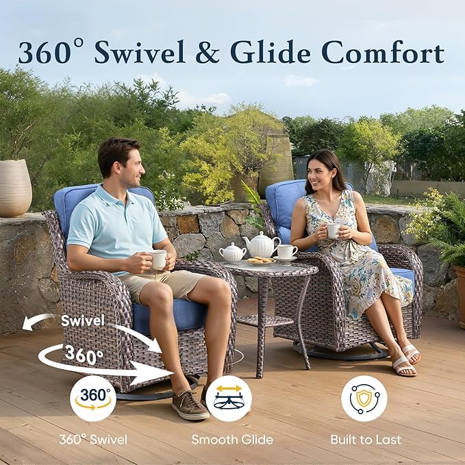 Belord Luxury 6" Thick Cushioned 5 Pieces Patio Furniture Set with Fire Pit Table, Wicker Outdoor Conversation Set with High Back Swivel Rocker Chairs for Deck Porch Yard and Poolside - Brown+Blue