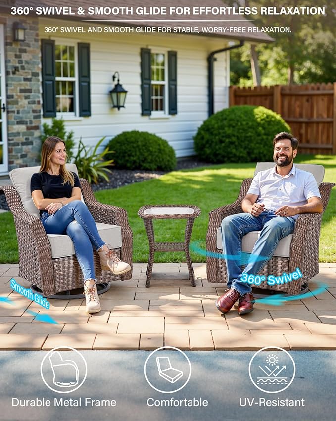 Belord 7 Piece Patio Furniture Set - High Back Swivel Rocker Glider Outdoor Chairs with 3-Seat Sofa and Ottoman, All-Weather Removable 6" Blue Cushion for Patio Conversation and Family Reunion