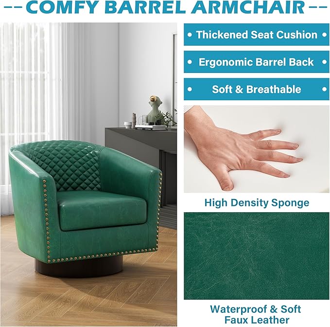 UIXE Swivel Accent Chairs, PU Leather Barrel Club Chair for Living Room, Upholstered Armchair Comfy Single Sofa Bedroom Reading Seat - Green, Set of 2