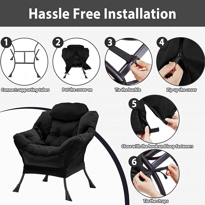 Youtanic Lazy Chair Thick Padded, Comfy Velvet Accent Lounge Chair with Stable Frame, Leisure Sofa Armchair with Armrests and Side Pocket, Reading Chair for Bedroom, Living Room, Office, Black