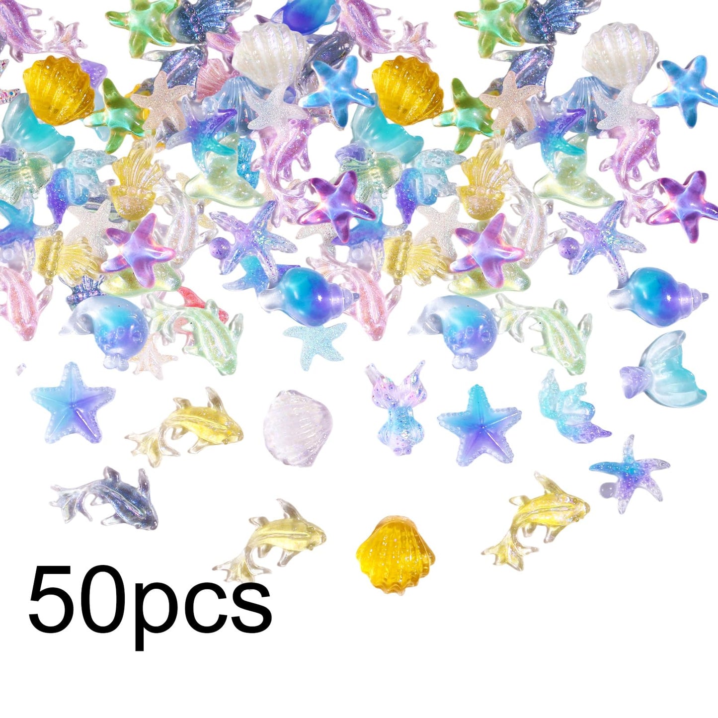 50pcs Summer Ocean Nail Charms, 3D Resin Sea Shell Starfish Beach Rhinestone Nail Charms Ocean Beachy Series Mermaid Theme Decor