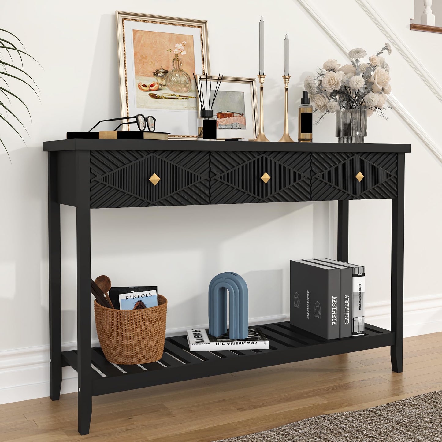 BHAODEAL 47" Console Table with 3 Drawers, Fluted Narrow Long Entryway Table with Storage Shelf, Accent Table for Entryway, Living Room, Behind Couch, Foyer, Hallway, Office
