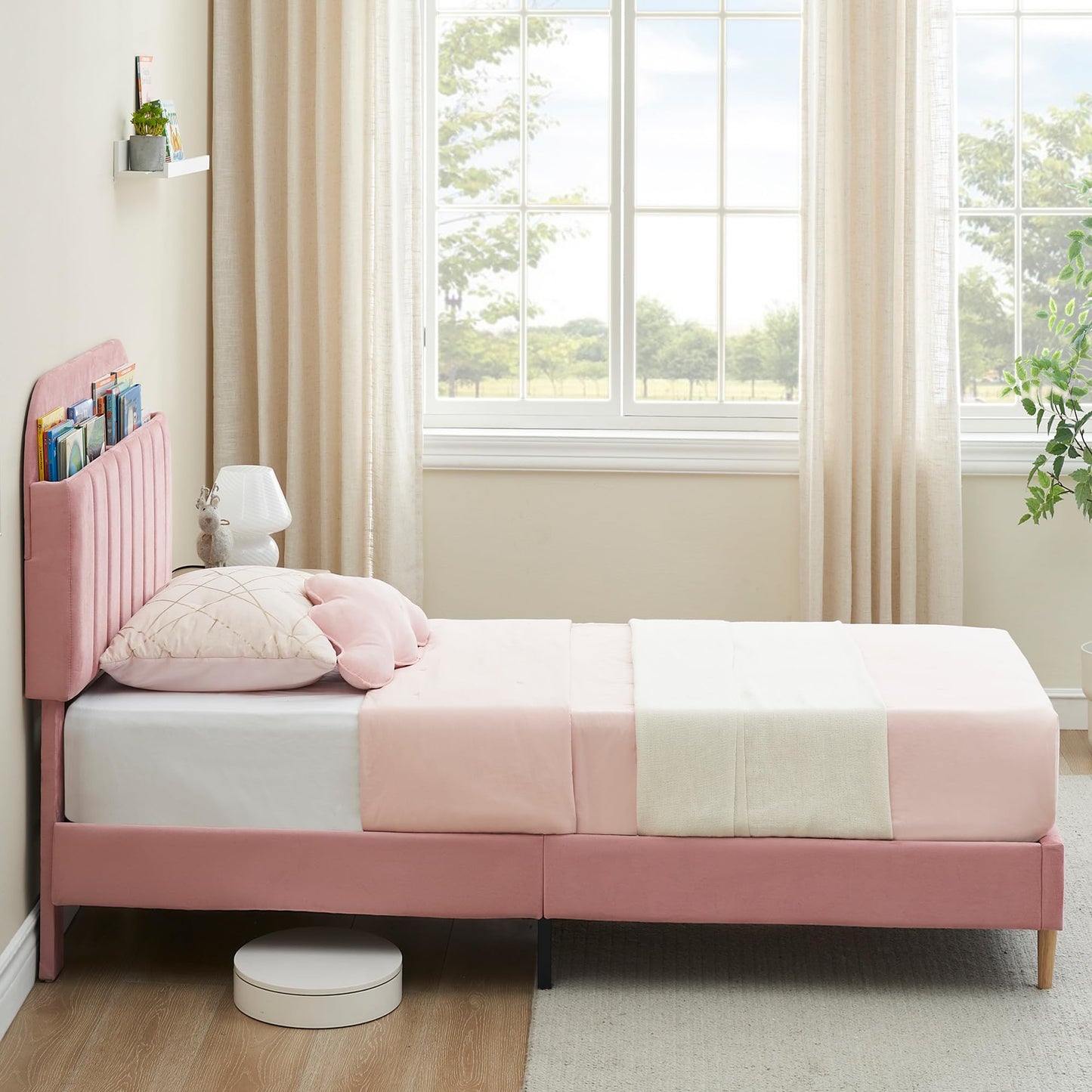 IDEALHOUSE Twin Bed Frames, Upholstered Platform Bed Frame with Bookcase Headboard, Velvet Platform Bed Mattress Foundation, Heavy Duty Steel Support Legs, Easy Assembly, Noise Free, Pink