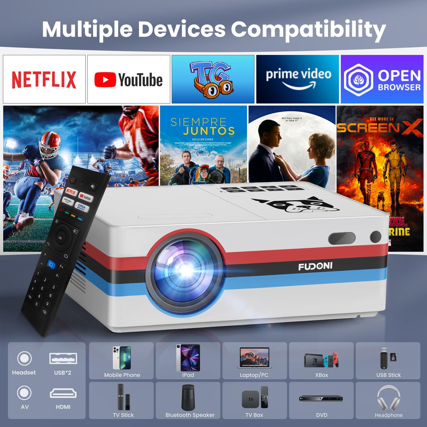 [Compatible with Netflix, 2000 ANSI] Smart Projector with WiFi 6 and Bluetooth 5.3, Electric Focus Auto Keystone, Native 1080P Outdoor Movie Projector with PrimeVideo/YouTube, for HDMI/USB/iOS/Android