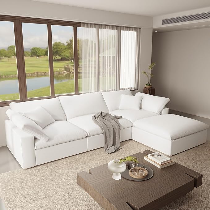 Intuition Decor Oversize Cloud Modular Sectional Sofa,110.8" L Shape 3 Seaters with Chaise Down Filled Comfort Sofa Detachable Couch Cushion Covers for Living Room,White