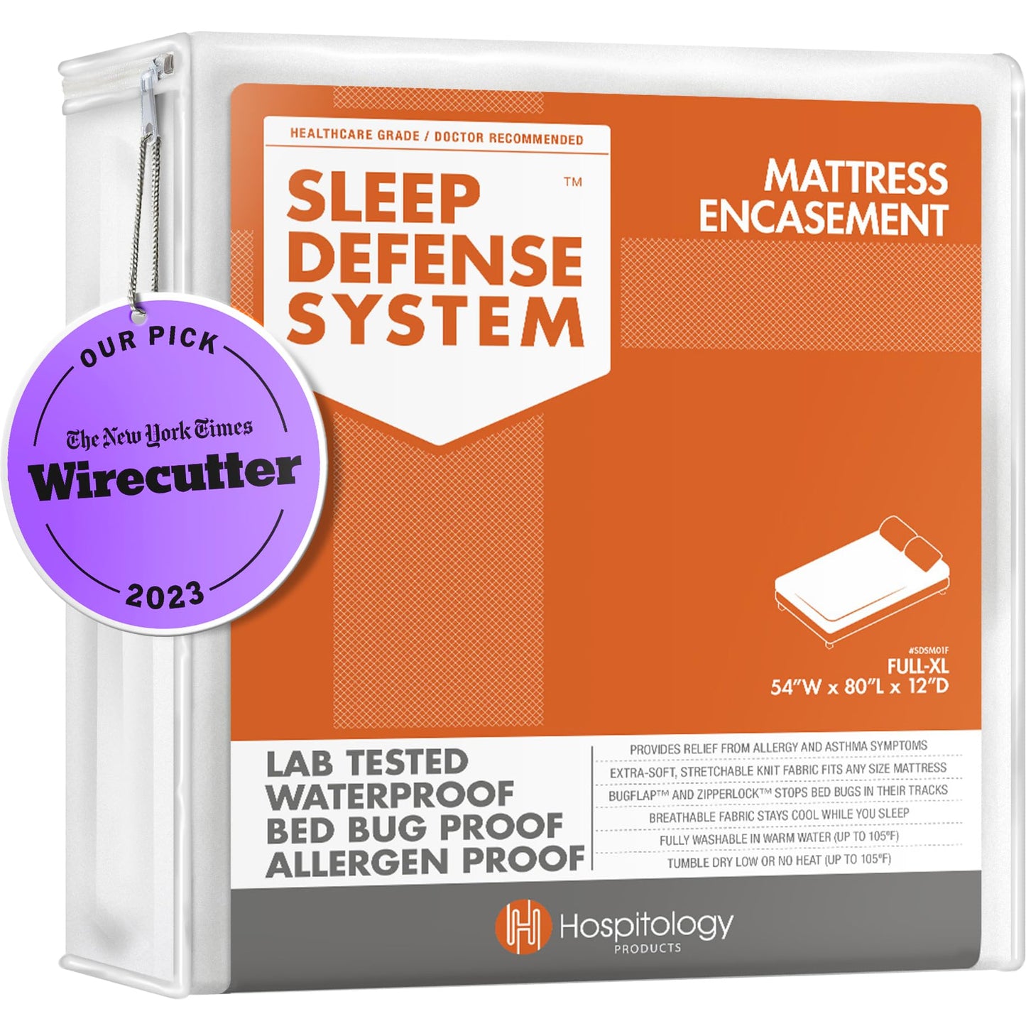 HOSPITOLOGY PRODUCTS Mattress Encasement - Zippered Bed Bug Dust Mite Proof Hypoallergenic - Sleep Defense System - Full XL - Waterproof - Stretchable - Standard 12" Depth - 54" W x 80" L