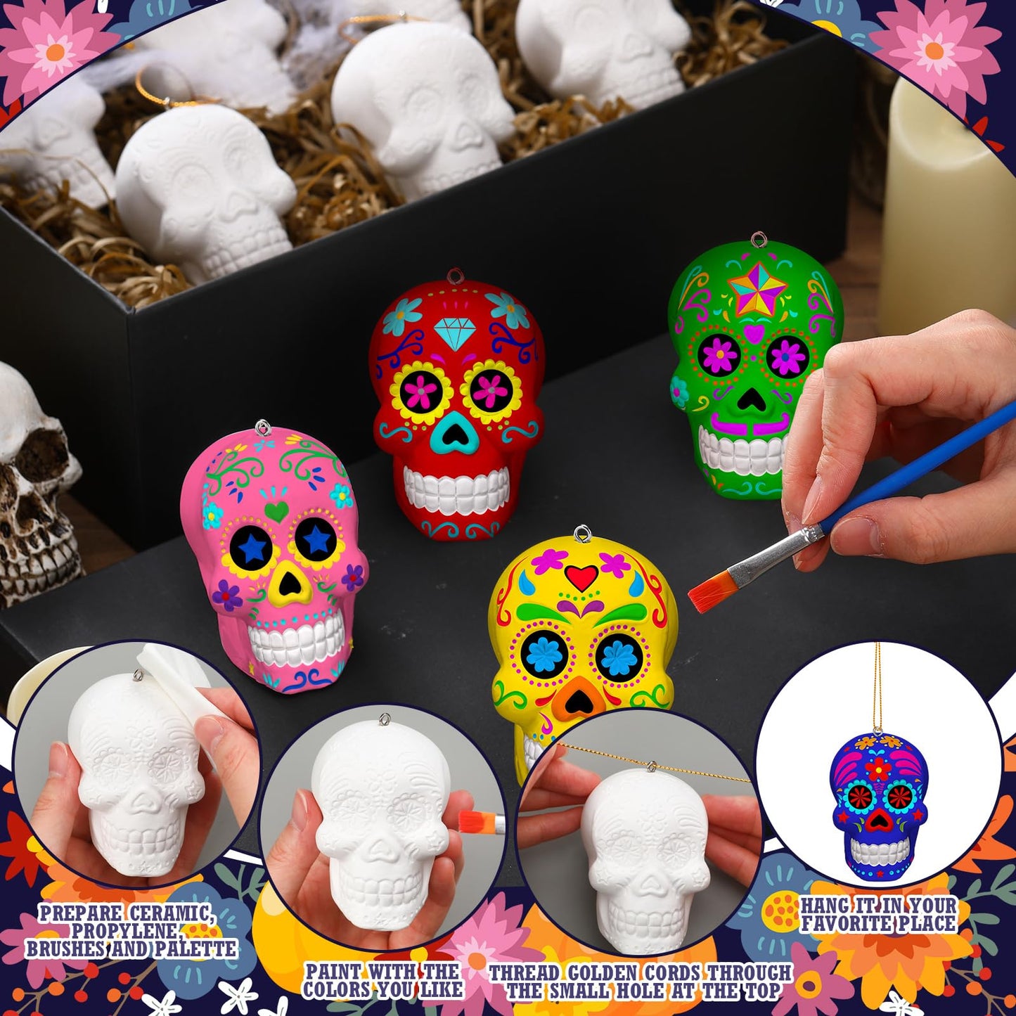 RoundFunny 12 Pcs Day of The Dead Sugar Skull Crafts for Adults Ceramic to Paint 3D Statues Ornaments Ready to Paint Your Own Skull Figurines Unpainted Plaster for DIY Project Arts Activity Decor