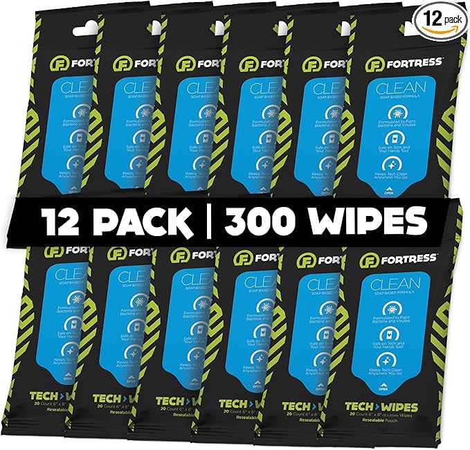 Fortress Electronic Wipes (25 ct, Pack of 12) To-Go Tech Wipes for Screens, Phones, Keyboards, TV Monitors, Computer Screens, and More [Travel Size] Skin-Safe