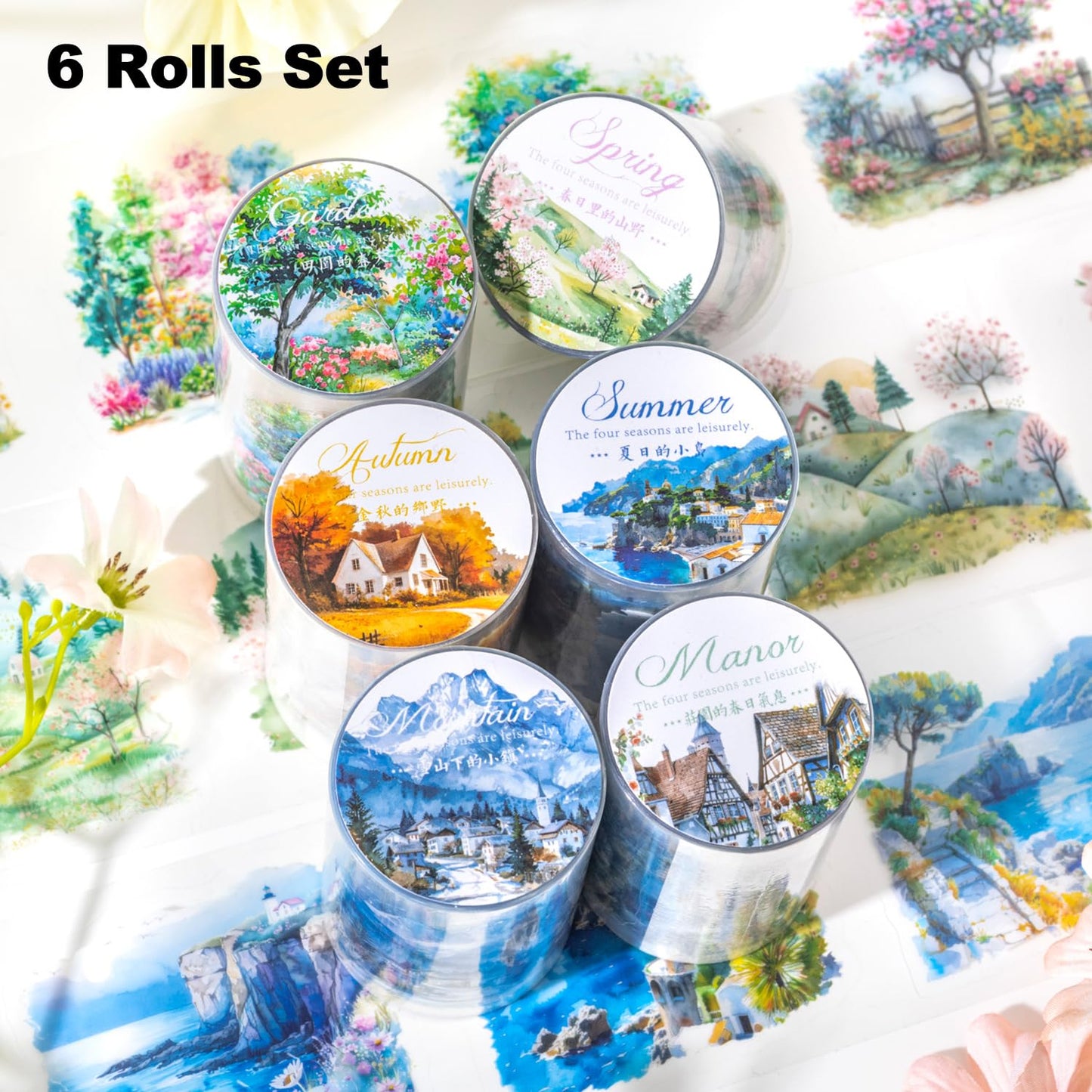Four Seasons PET Tape Set, 6 Rolls Pre-Cut Scenic Landscape Stickers for Scrapbooking, Journaling, DIY Crafts, and Gift Wrapping