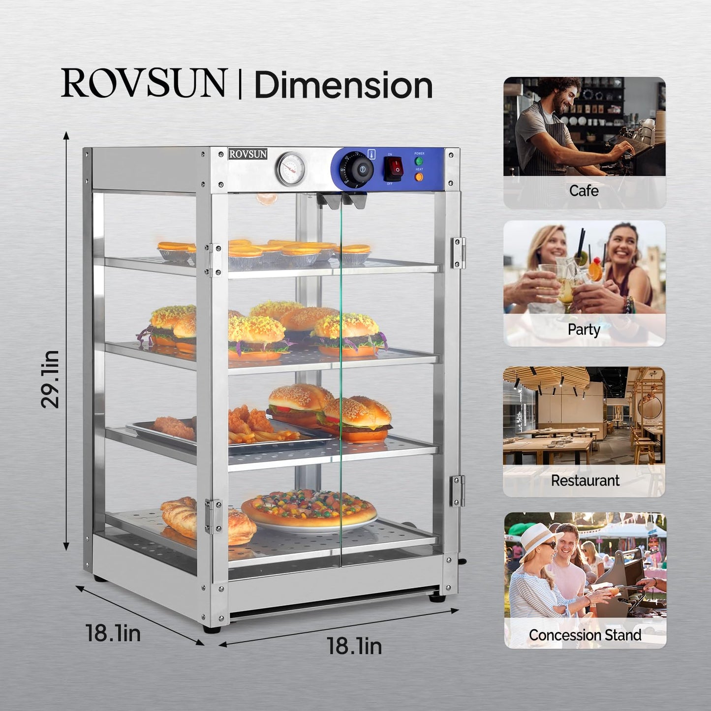 ROVSUN 4-Tier Commercial Food Warmer Pizza Warmer Countertop, Food Warmer Display with LED Lighting Removable Shelves Glass Door, Pretzel Warmer for Buffet Restaurant Cafe, 110V 800W