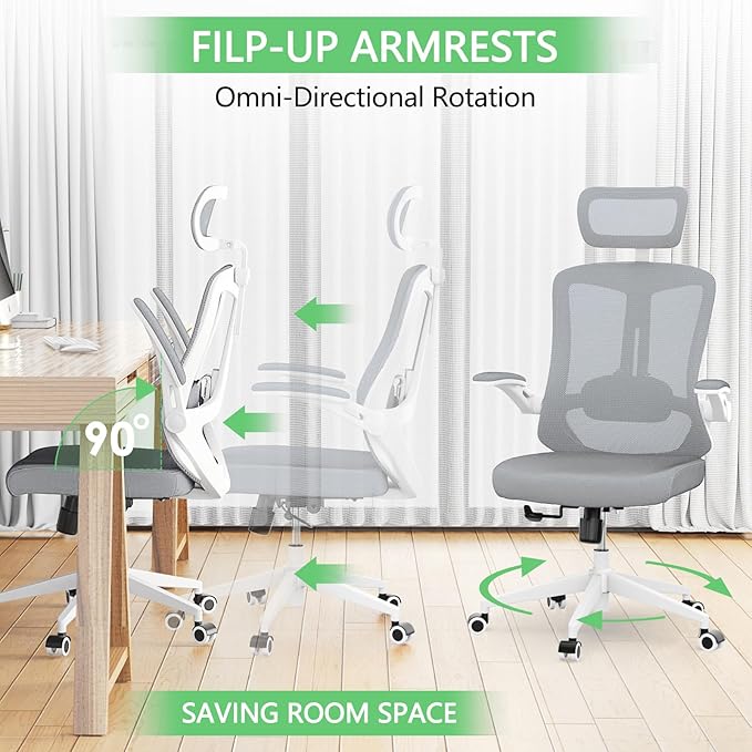 balmstar Office Chair,Ergonomic Comfy Home Desk Chair with 350LBS Capacity,High Back Gaming Chair with Wheels,Mesh Computer Chair,Lumbar Support, Adjustable Headrest,Flip-up Armrest (A-gray + White-1)