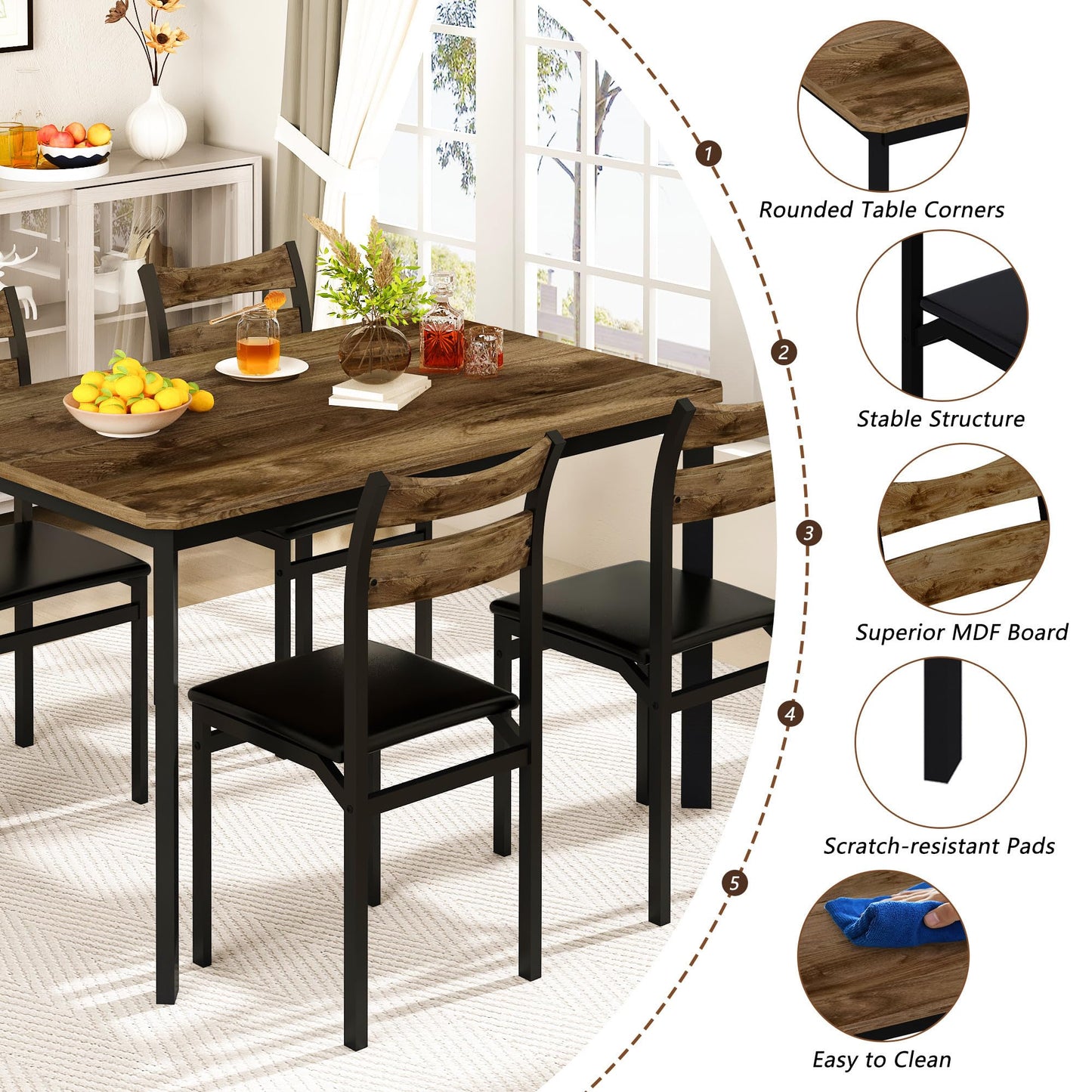DKLGG Dining Table Set for 4, 43.3" Dining Room with 4 Upholstered PU Leather Chairs, Modern Wood Table and Chairs Set, 5-Piece Dinette Breakfast Nook, Small Places, Brown