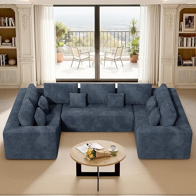 136'' Large Sectional Cloud Couches with Chaise, U Shaped Boneless Loveseat Sofa, No Assembly Required Deep Seat Modular Lounge for Living Room 3PCS Set, Bedroom(Grey)