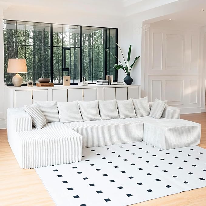 SEENYOO 130" Boneless Couch, Cloud Couch Sectional, Corduroy Sofa for Living Room, U Shaped Modular Sofa with Chaise, No Assembly, 4 Seats Oversized (White)
