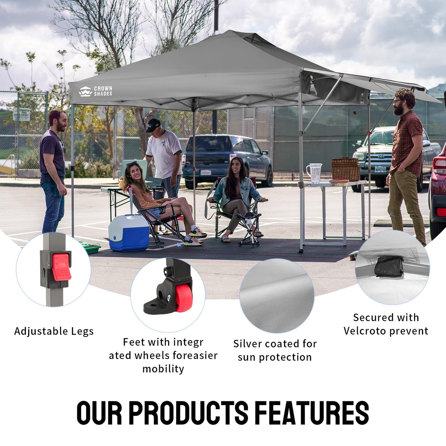 CROWN SHADES 10x10 Pop up Canopy Tent, Instant Commercial Canopy with Extend Awning, Patended Centerlock, 150D Silver Coated Fabric, 4 Ropes, 8 Stakes, 4 Weight Bags, STO 'N Go Bag, Grey