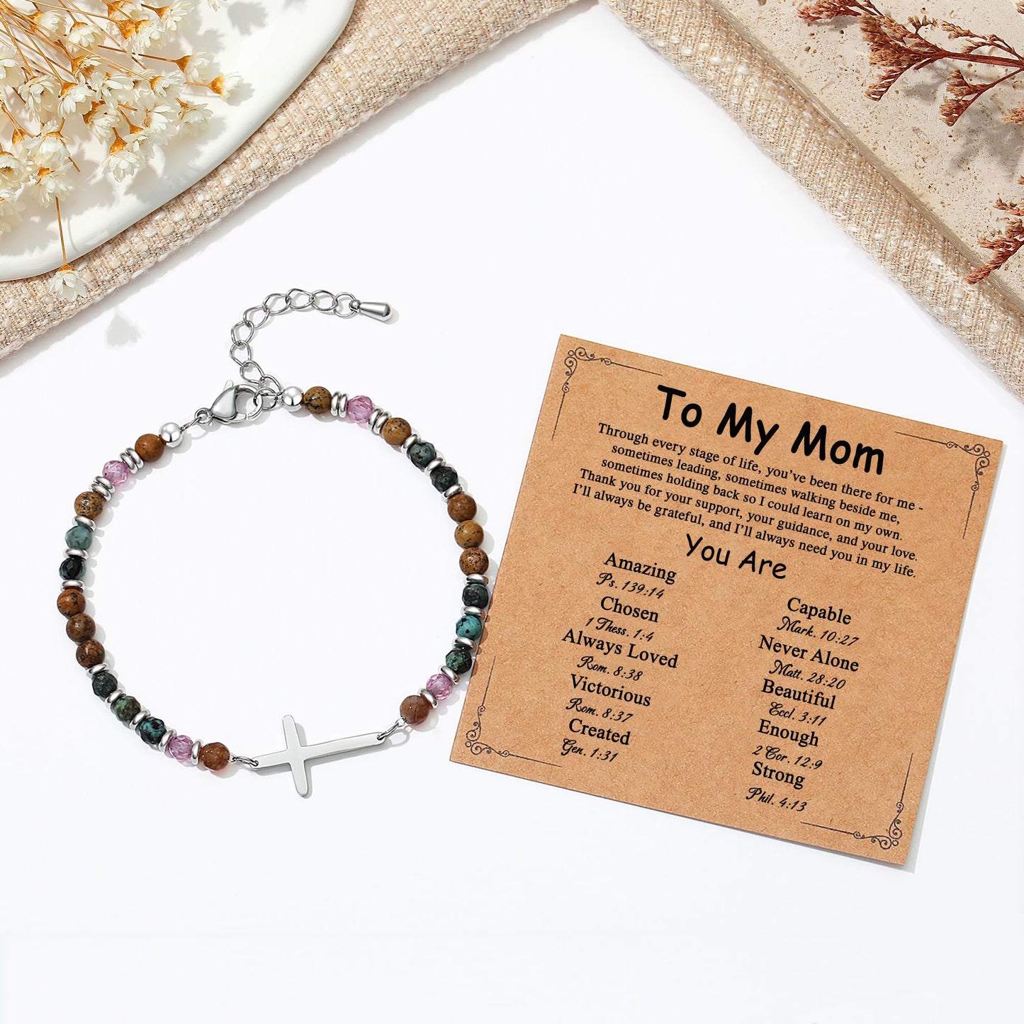 TONY & SANDY Mom Cross Bracelet, Birthday Gifts for Mom, Christian Gifts for Women from Daughter, Religious Jewelry Mother's Day Christmas Stocking Stuffers for Women Mommy Mama