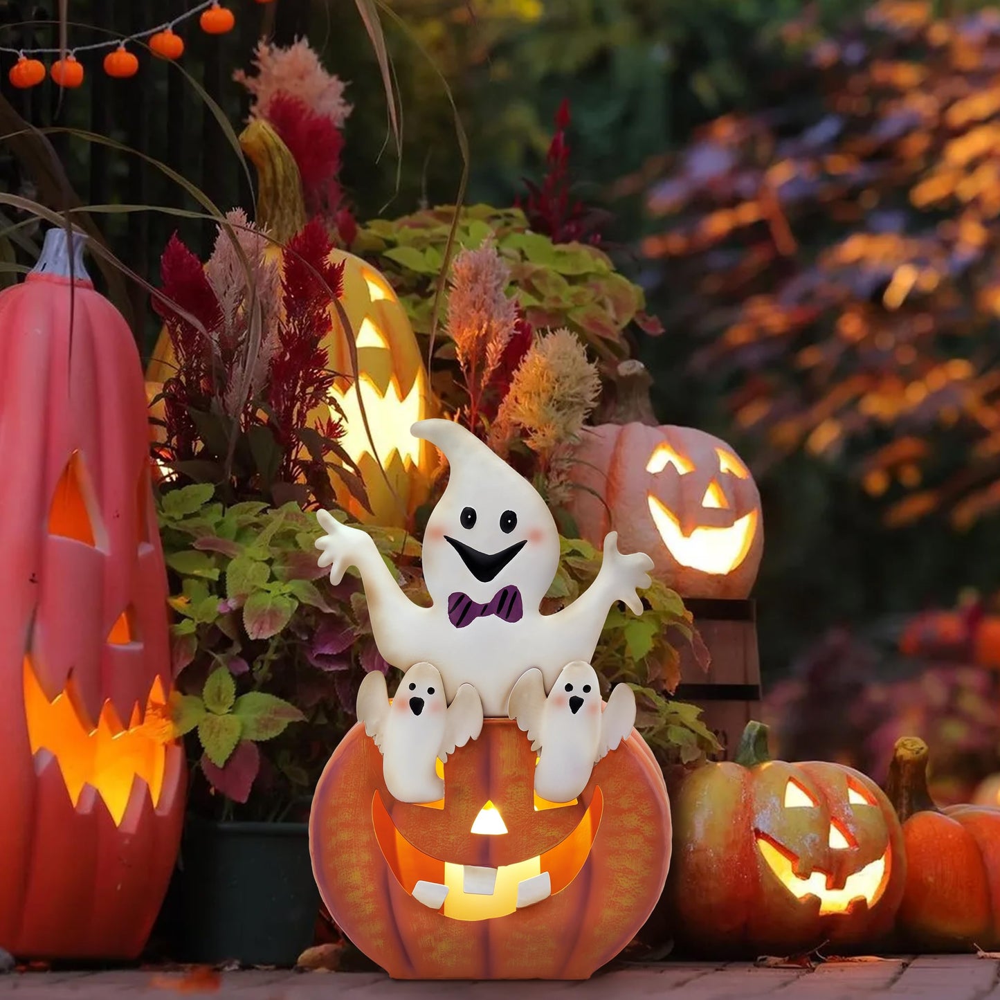TERESA'S COLLECTIONS Halloween Decorations, Ghost and Pumpkin Halloween Decor, Large Ghost and Orange Jack O Lantern with Light, 12", Metal Outdoor Garden Statue, Indoor/Outdoor