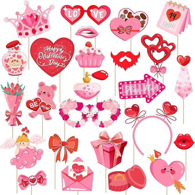 Happy Valentine's Day Photo Booth Props Kit, 24 PCS Selfie Photo Booth Accessories with “Happy Valentine’s Day” Signs, Cut...