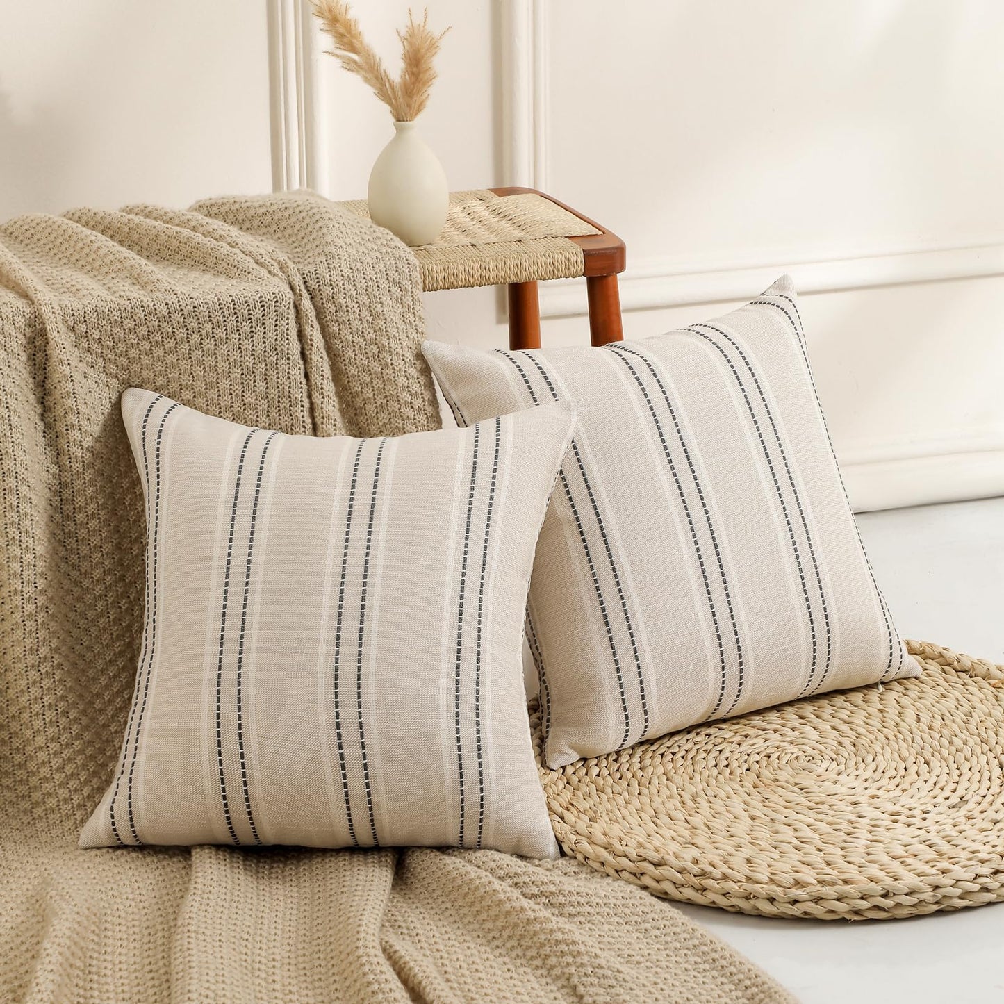 Hckot Throw Pillow Covers 20x20 Set of 2 Striped Pillow Covers Textured Linen Decorative Pillows Square Cushion Covers for Sofa Couch Bed Living Room Farmhouse Decor, Grey