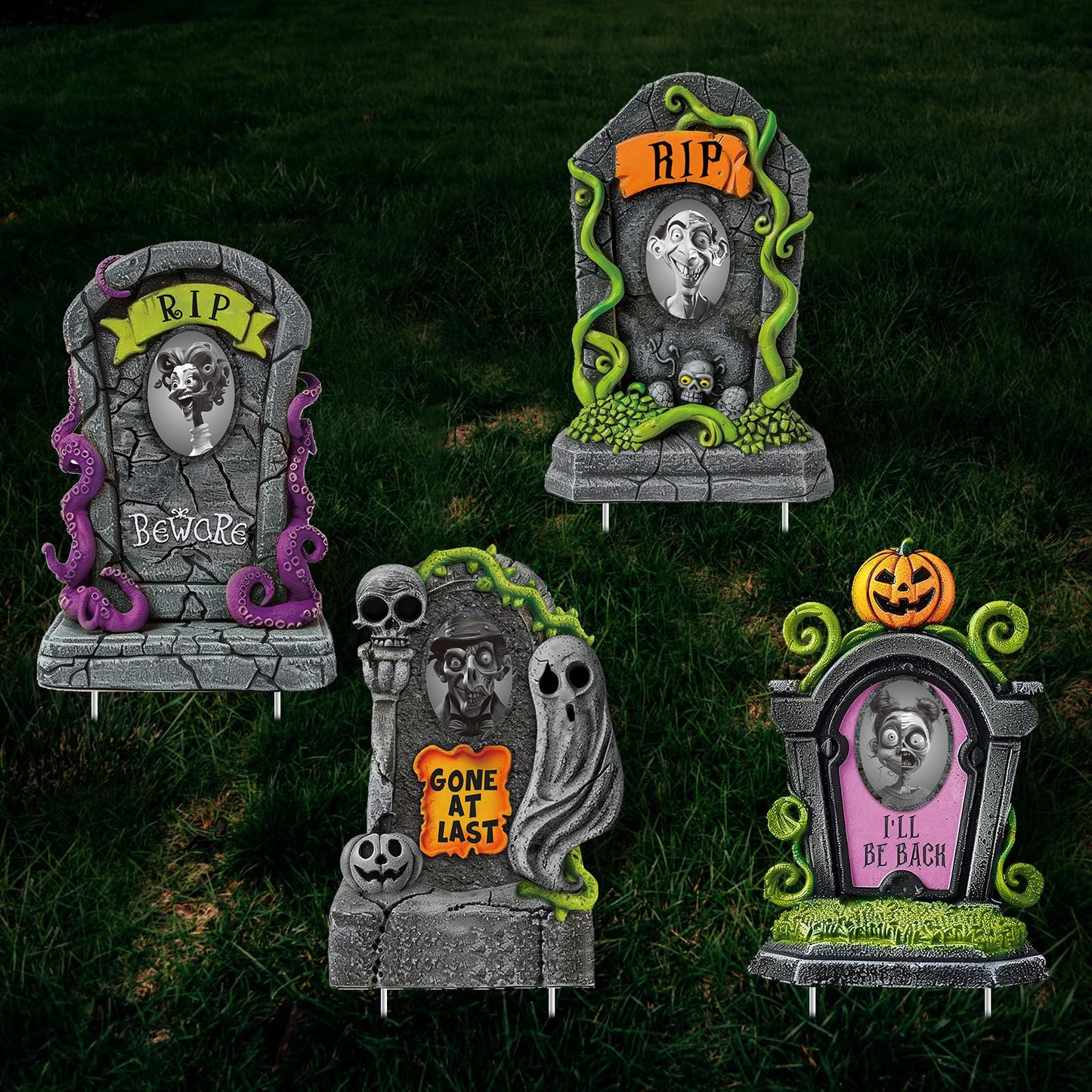 Hiboom 4 Set Large Halloween 3D Changing Face Rip Graveyard Tombstones and 19.7x13.8 Inch Halloween Skeleton Headstone RIP Graveyard Tombstones Outdoor Props Decoration for Yard Garden Lawn