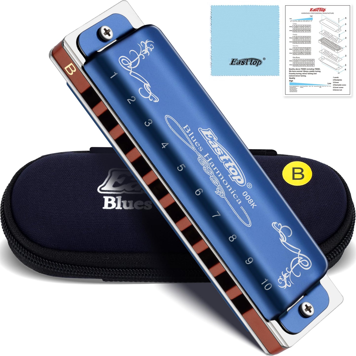 East Top Diatonic Harmonica Key Of B, 10 Holes 20 Tones 008K Diatonic Blues Harp Mouth Organ Harmonica With Blue Case, Standard
